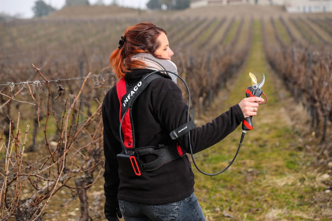 Professionelle elektrische Baum-, Reb- und Gartenschere F3020 mit Weste für den Weinbau - INFACO